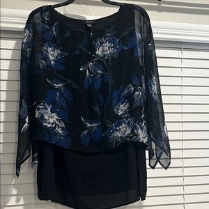 Karen Kane Sheer Black Blouse with Blue and White Floral